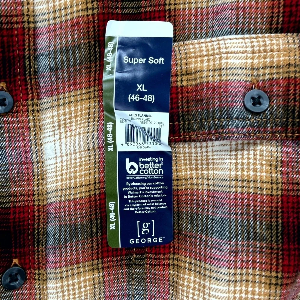 George Flannel Shirt‎ Mens XL Brown Beige Plaid Super Soft Long Sleeve Button Up